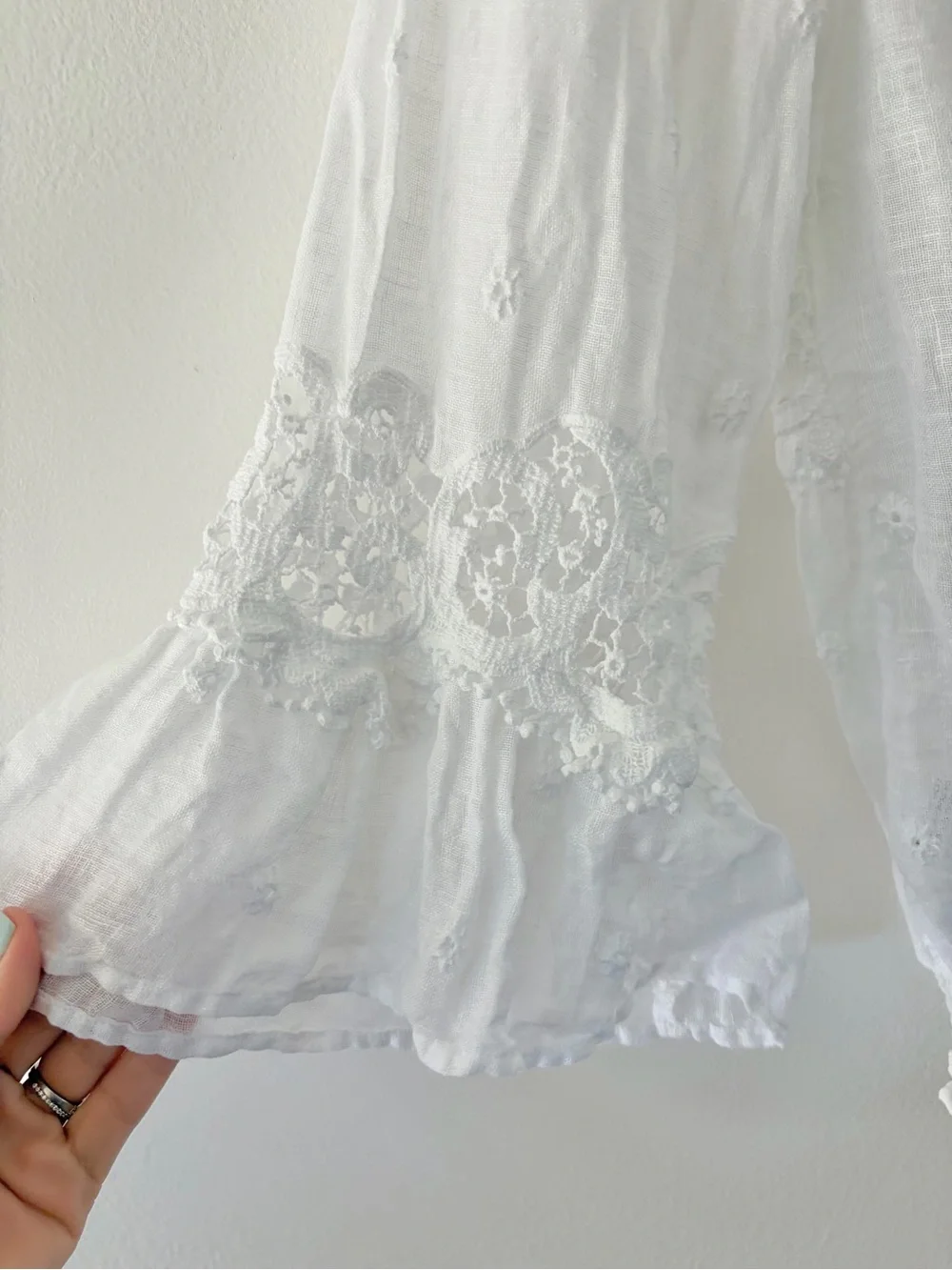 Temptations‎ Positano White Linen Off The Shoulder Crochet Lace Boho Peasant Top